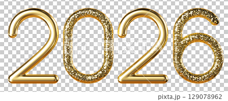 Gold Glitter 2026 Metallic 2026 Symbol. Lettering For New Year Celebration. 3d render illustration. 129078962