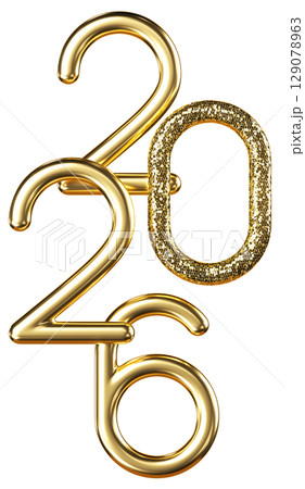 Gold Glitter 2026 Metallic 2026 Symbol. Lettering For New Year Celebration. 3d render illustration. Gold Glitter 2026 Metallic 2026 Symbol. Lettering For New Year Celebration. 3d render illustration. 129078963
