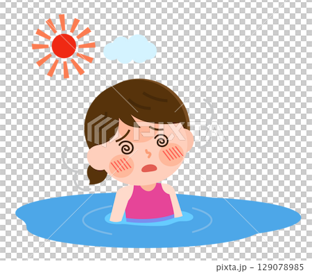 一名女孩在泳池中中暑的插圖 129078985
