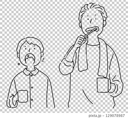 Parents and children brushing their teeth side by side_Line drawing 129078987