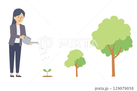 スーツを着た女性と成長する木のイラスト 129079038