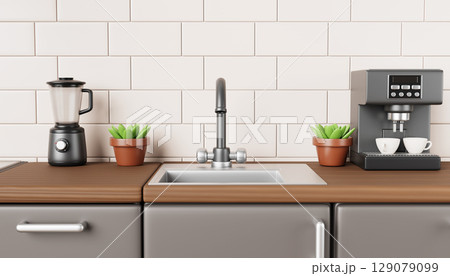 Kitchen interior with stainless sink and faucet on countertop front view. Realistic 3d render of wood table with electric blender, coffee machine, plants, cabinets, ceramic tile wall. 3D illustration 129079099