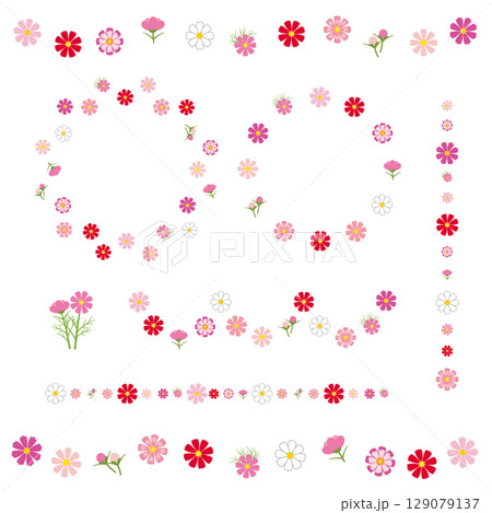 コスモスのフレーム　秋の花のリース　ラインデコレーションのセット　ベクターイラスト 129079137
