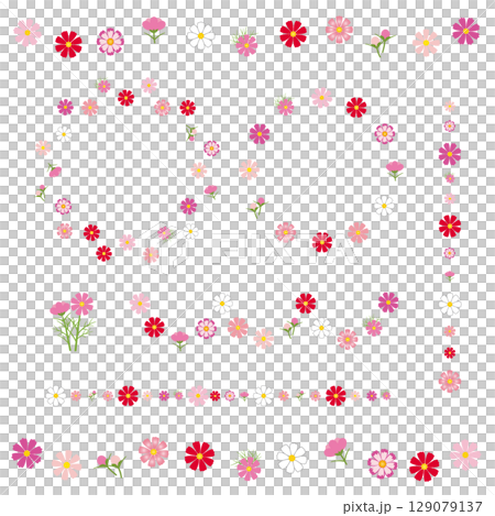 コスモスのフレーム　秋の花のリース　ラインデコレーションのセット　ベクターイラスト 129079137