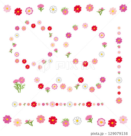 コスモスのフレーム　秋の花のリース　ラインデコレーションのセット　ベクターイラスト　手描き風 129079138