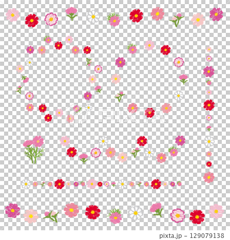 コスモスのフレーム　秋の花のリース　ラインデコレーションのセット　ベクターイラスト　手描き風 129079138