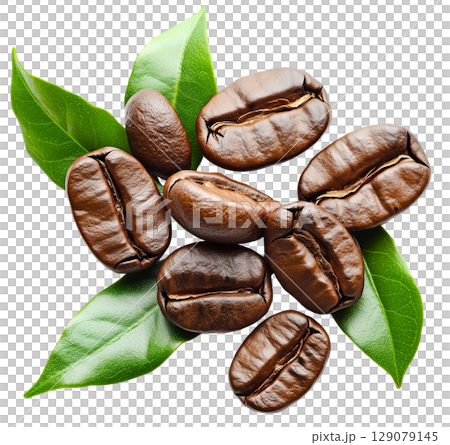 Roasted fresh coffee beans with leaf isolated on white background transparent PNG clipart. Roasted fresh coffee beans with leaf isolated on white background transparent PNG clipart. 129079145