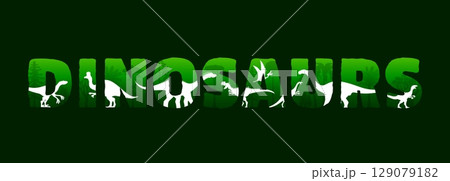 Dinosaur characters silhouettes at sunset in jungle forest. Vector double exposure dinosaur quote with dino animals and trees silhouettes. Jurassic velociraptor, corythosaurus and eoraptor at sunset 129079182
