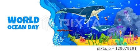 World oceans day banner with giant whale, seal and underwater landscape. Underwater ecosystems protection vector banner or flyer. Oceans day holiday poster with cartoon animals, fishes and seaweed 129079191