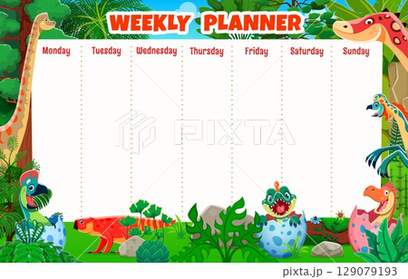 Kids weekly planner schedule with funny dino characters. School kids education lessons or week tasks organization schedule or planner vector template with prehistoric dinosaurs cheerful personages 129079193