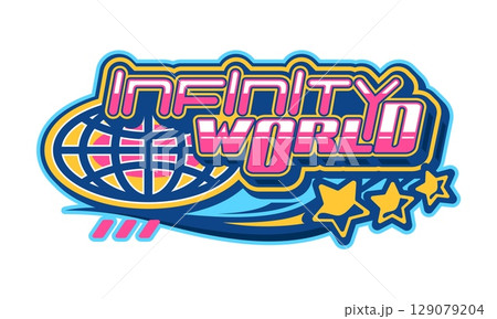 Infinity world globe Y2K retro icon or symbol. Internet and web network planet Earth retro vector icon, world travel globus symbol. Business globe wireframe emblem with abstract futuristic typography 129079204