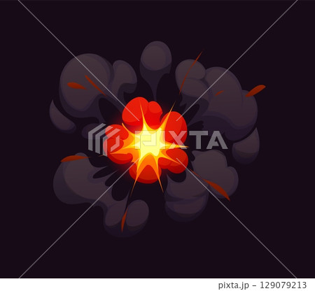 Cartoon bomb explosion blast effect, comic fire and smoke boom cloud. Vector fiery dynamite explode burst, comic explosion effect with glowing orange and yellow flames, surrounded by dark thick smoke Cartoon bomb explosion blast effect, comic fire and smoke boom cloud. Vector fiery dynamite explode burst, comic explosion effect with glowing orange and yellow flames, surrounded by dark thick smoke 129079213
