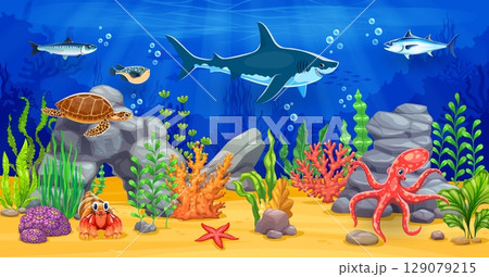 Ocean underwater game background with sea animals. Vector location level map landscape with cartoon shark, fish shoals and turtle, tuna, crab and octopus swimming between seaweeds on the seafloor 129079215