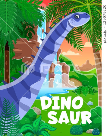 Prehistoric dinosaur character in jungle forest. Vector banner or book cover featuring cartoon hypselosaurus dino reptile animal in a lush environment. Template for party invitation or Jurassic park Prehistoric dinosaur character in jungle forest. Vector banner or book cover featuring cartoon hypselosaurus dino reptile animal in a lush environment. Template for party invitation or Jurassic park 129079220