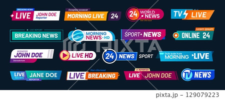 TV news bar, third lower banner, channel broadcast title header. Vector set with morning news titles, sport channels, streaming and reporter name tags. Templates for television or online media content TV news bar, third lower banner, channel broadcast title header. Vector set with morning news titles, sport channels, streaming and reporter name tags. Templates for television or online media content 129079223
