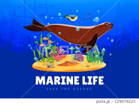 Save the oceans banner with cartoon sea animals and seaweeds, seal, cuttlefish, puffer fish and sunken ship silhouette. Vector underwater environmental and conservation marine life awareness 129079225