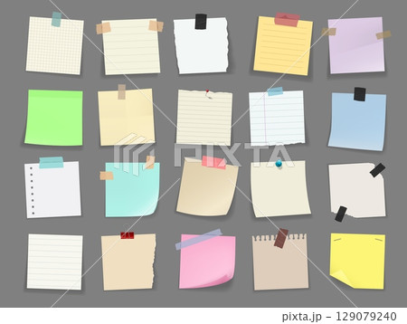Memo note paper sheets with clips and adhesive tape, stickers, sticky notepad and memory notice blanks. Vector to do list or message notepaper, meeting reminder, office information board bulletin set 129079240