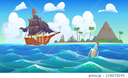 Cartoon glass bottle with pirate treasure map and corsair ship in sea waves vector background. Rolled paper with pirate message or treasure map floating in tropical sea water near inhabited island 129079245