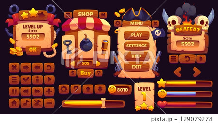Pirate arcade game interface, GUI vector elements, corsair game asset. Cartoon wood buttons, sign boards, menu interface banners, progress bars with pirate treasure gold, corsair hat, skulls and flag Pirate arcade game interface, GUI vector elements, corsair game asset. Cartoon wood buttons, sign boards, menu interface banners, progress bars with pirate treasure gold, corsair hat, skulls and flag 129079278