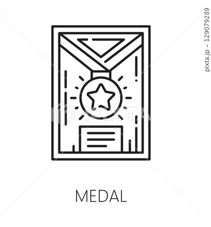 Medal museum exhibition line icon or symbol. Sport trophy museum gallery thin line vector icon, exhibition lineart sign. Exhibit outline pictogram symbol with competition winner medal in frame Medal museum exhibition line icon or symbol. Sport trophy museum gallery thin line vector icon, exhibition lineart sign. Exhibit outline pictogram symbol with competition winner medal in frame 129079289