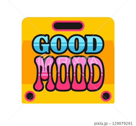 Good mood Y2K groovy retro sticker, vintage label. Retro hippie vector label or tag. Vintage funny funky patch or 60s comic cartoon sticker with positive quote or saying colorful typography Good mood Y2K groovy retro sticker, vintage label. Retro hippie vector label or tag. Vintage funny funky patch or 60s comic cartoon sticker with positive quote or saying colorful typography 129079291