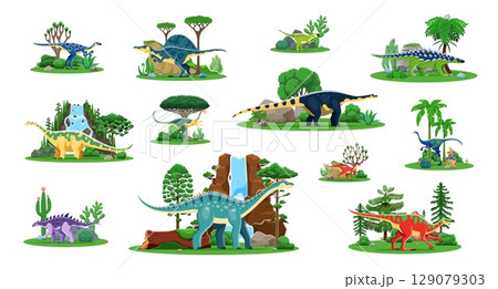 Cartoon prehistoric dinosaurs funny characters. Jurassic era extinct animals, paleontology reptile cute personages. Gipsilofodon, oxalaia, maiasaura and saichania, struthiosaurus dinosaurs among trees Cartoon prehistoric dinosaurs funny characters. Jurassic era extinct animals, paleontology reptile cute personages. Gipsilofodon, oxalaia, maiasaura and saichania, struthiosaurus dinosaurs among trees 129079303