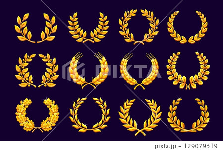 Golden laurel wreath badges game asset. Cartoon vector icons feature gold laurel, wheat and oak branches, leaves or stalks symbolizing victory and achievement, awards or celebration for fantasy apps Golden laurel wreath badges game asset. Cartoon vector icons feature gold laurel, wheat and oak branches, leaves or stalks symbolizing victory and achievement, awards or celebration for fantasy apps 129079319