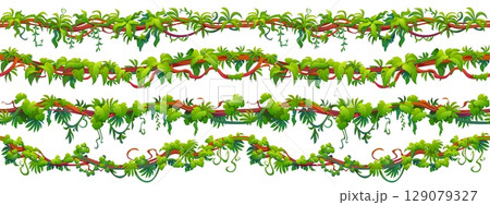 Jungle forest tropical liana seamless branch vines. Tropical rainforest flora fern twig isolated vector seamless underline or divider. Jungle forest climbing liana shrub, Amazon nature ivy borders 129079327