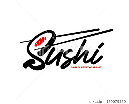 Japanese salmon sushi restaurant icon featuring chopsticks and sushi roll integrated in typography. Vector black and red emblem for traditional Asian cuisine, fine dining and sushi bars branding 129079350