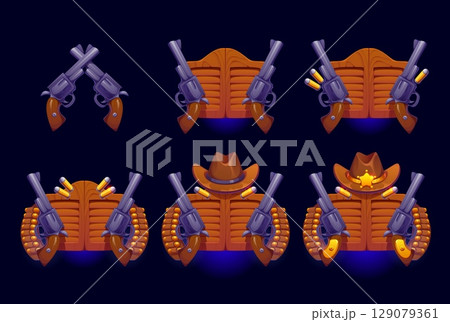 Western cowboy game rank badge, wild west award. Cartoon vector set featuring crossed revolvers, saloon doors, cowboy hats, bullets and sheriff stars, layered progressively with increasing details Western cowboy game rank badge, wild west award. Cartoon vector set featuring crossed revolvers, saloon doors, cowboy hats, bullets and sheriff stars, layered progressively with increasing details 129079361