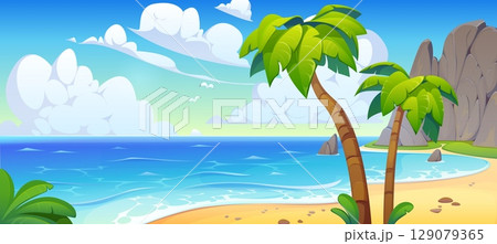 Tropical island bay and beach landscape with palm trees and blue ocean. Cartoon vector sunny lagoon with white clouds, coastal rocks, and calm sea waves. Summer exotic paradise seascape with sand Tropical island bay and beach landscape with palm trees and blue ocean. Cartoon vector sunny lagoon with white clouds, coastal rocks, and calm sea waves. Summer exotic paradise seascape with sand 129079365