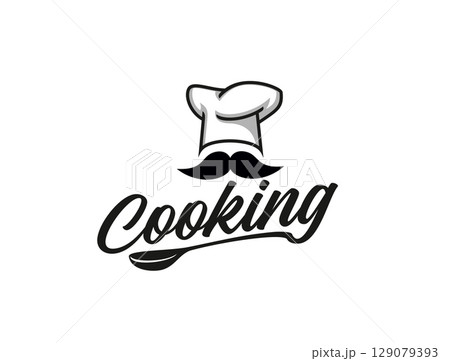 Chef cook icon. Vector black and white minimalist cooking label featuring a toque hat above mustaches with a ladle and elegant script, conveying a sense of passion for culinary art and restaurant food 129079393