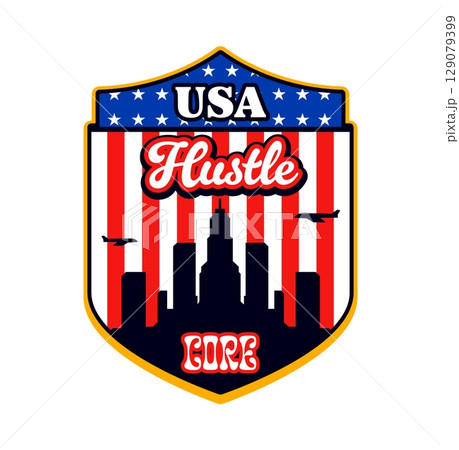 USA core hustle vintage Y2K sticker or label. American patriotic retro vector sticker, United States of America label. USA shield shaped tag with skyscrapers, flying planes, flag stars and stripes 129079399
