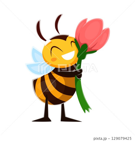 Cartoon honey bee funny character with flowers and happy face, vector little honeybee. Cute bee embracing flower with love for honey, bumblebee from beehive insect cheerful character for kids mascot 129079425