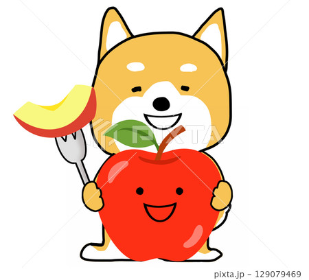美味しそうなリンゴを持ってうれしそうなしばいぬ 129079469