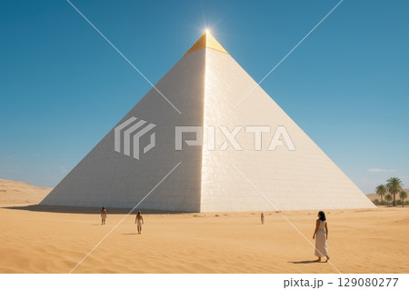 Golden pyramid in desert with visitors and clear blue sky 129080277