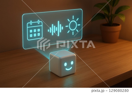 Futuristic smart home assistant with holographic icons on wooden desk 129080280