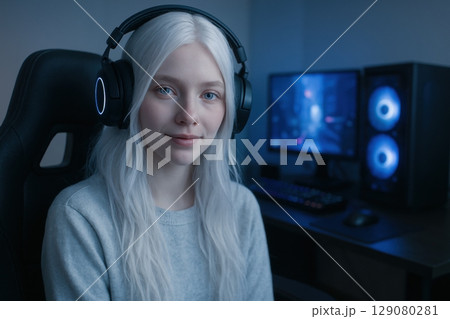 White-haired gamer girl streaming with illuminated pc in cozy gaming setup 129080281