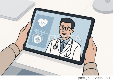 Illustrated telehealth consultation with doctor on tablet screen 129080291
