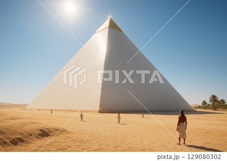 Ancient pyramids and people under a bright sun in desert landscape 129080302