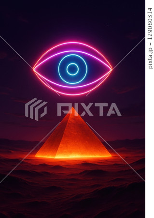 Surreal neon eye above illuminated pyramid in mystical desert night scene 129080314