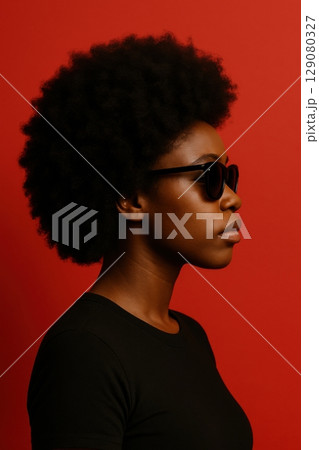 Stylish portrait of woman with afro and sunglasses on bold red background 129080327