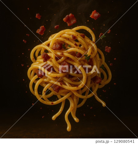 Delectable spaghetti carbonara with crispy bacon and herbs against dark backdrop Delectable spaghetti carbonara with crispy bacon and herbs against dark backdrop 129080541