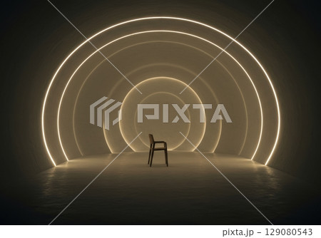 Minimalist chair in futuristic tunnel with ambient circular lighting Minimalist chair in futuristic tunnel with ambient circular lighting 129080543