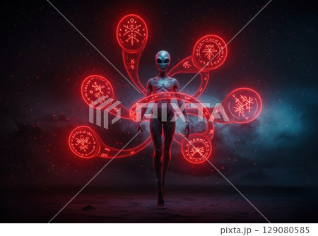 Mysterious alien surrounded by glowing red symbols in cosmic landscape 129080585