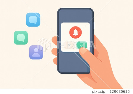 Mobile notification alert icons in hand for communication apps and user settings 129080636