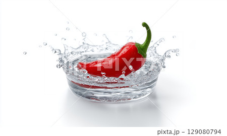 Hot red chili pepper making a crown splash in clean water 129080794
