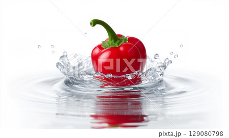 Fresh red cherry pepper dropping into water creating a dynamic splash 129080798