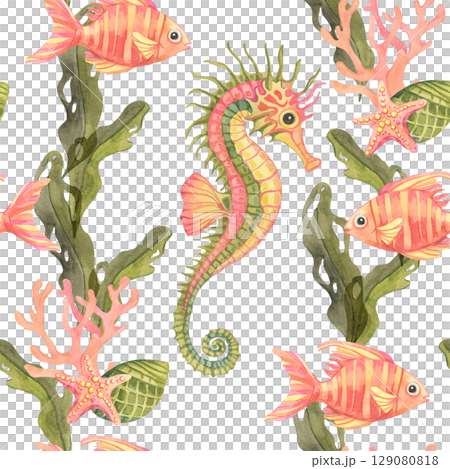 Pink-orange reef fish, algae tendrils, corals and sea stars and green seahorses painted in watercolor clipart form a seamless pattern perfect for marine-themed packaging, fabric, and wall art 129080818