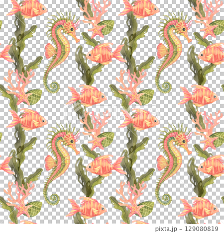 Seahorses in green-gold hues, ribbon-like algae, and blush starfish repeat in watercolor clipart seamless pattern. Suitable for natural fabrics, wrapping paper, and eco branding Seahorses in green-gold hues, ribbon-like algae, and blush starfish repeat in watercolor clipart seamless pattern. Suitable for natural fabrics, wrapping paper, and eco branding 129080819